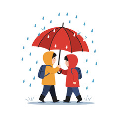 Two happy children, sharing a bright red umbrella, walk hand-in-hand through gentle falling raindrops, a charming 2D flat vector illustration with clean lines and solid colors.