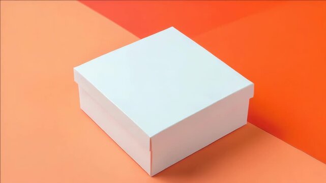 White empty gift box sitting on orange surface. Ideal for packaging or presenting products with minimal design.