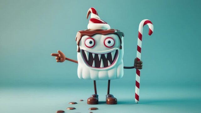 Hilarious holiday-themed cookie monster character. Wearing a Santa hat and holding a candy cane, this whimsical creature is a must-have stocking stuffer or edible cookie toy for the festive season.