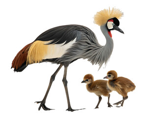 Obraz premium Grey Crowned Crane with Two Chicks Isolated on Black Background Majestic Bird and Young Progeny Exotic Wildlife Close Up Photography Stunning Plumage and Fawn Colored Downy Offspring