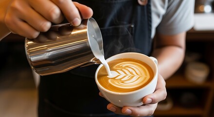 Artistry in Every Pour: A skilled barista meticulously crafts a latte, pouring a stream of milk into the espresso, creating a delicate, detailed design. This image celebrates the passion, artistry.
