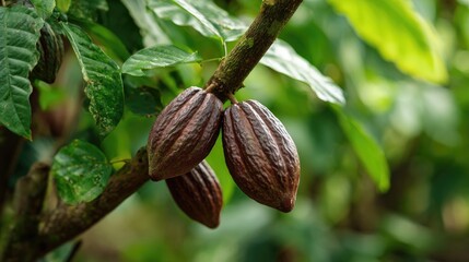 Close-up of cacao pods on a tree branch