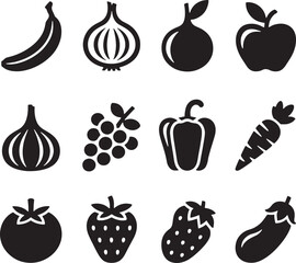 Collection of twelve black and white fruit and vegetable icons symbols food