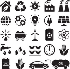 Naklejka premium Eco Friendly Energy And Sustainability Icons With Solar Panels Wind Turbines And Green Technology vector