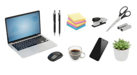 Collection of essential office supplies and electronics for a productive workday on white on