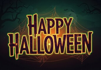 Happy Halloween Sign Neon Text with Spider Web and Dark Forest Background