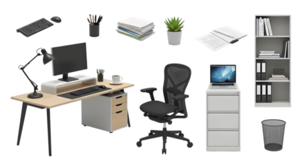 Office desk setup with computer, chair, and shelving on