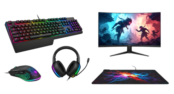 Gaming setup with keyboard, mouse, headset, monitor, and mousepad on