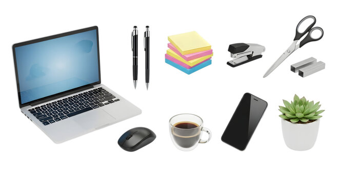 Collection of essential office supplies and electronics for a productive workday on white on