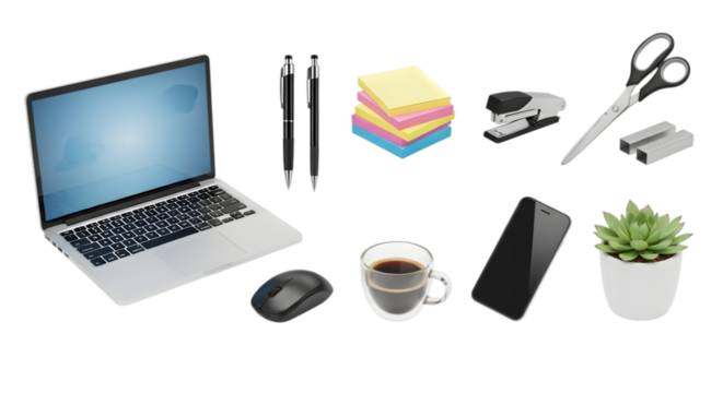Collection of essential office supplies and electronics for a productive workday on white on