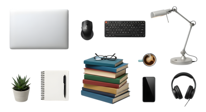 Workstation essentials including laptop, keyboard, mouse, lamp, and books on - Powered by Adobe