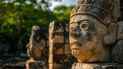 Obraz premium Ancient stone carvings depicting mayan culture tikal archaeological site tropical forest close-up historical significance