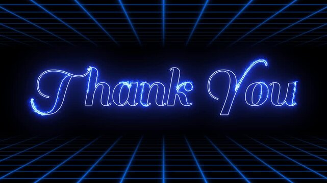 Thank You Neon Outro Animation, Glowing Blue Text on Retro Futuristic Grid