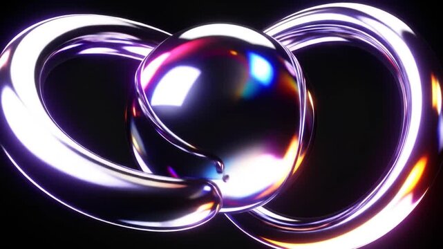 Abstract Metal Sphere with Iridescent Ring on Dark Backdrop Reflective Chrome Surface and Geometric Shapes with Modern Futuristic Design