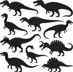 Silhouette collection of various dinosaur species on a white background prehistoric ancient