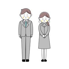 おじぎをするスーツ姿の男女の全身イラスト