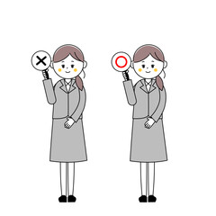 丸とバツの札を持つスーツ姿の女性のイラスト