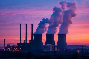 Power plant exterior, cooling towers at sunset, industrial atmosphere.
