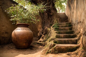 Fototapeta premium Traditional earthenware pot by stairway high resolution picture
