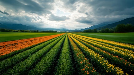 Vibrant tulip fields blooming under dramatic skies scenic mountain background nature photography lush environment aerial view landscape beauty