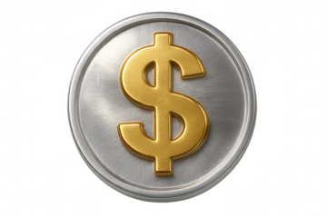 Golden dollar symbol embossed on brushed metal coin, gleaming against transparent backdrop, symbolizing financial prosperity
