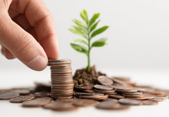 Hand placing coin on stack, small plant in soil, many coins