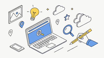 Laptop screen with search icon idea bulb hand drawing clouds and location pins.