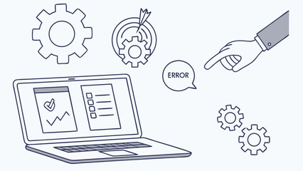 Laptop screen displaying error gears and hand pointing at error message Troubleshooting technical support problem-solving illustration.