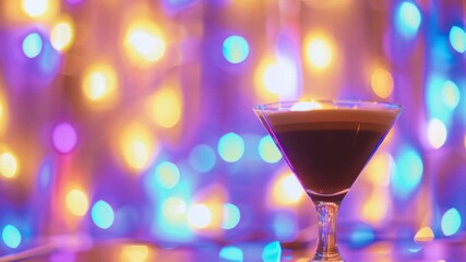 An elegant martini cocktail with olive, served in a shaker glass against the backdrop of colorful festive lights. - Powered by Adobe