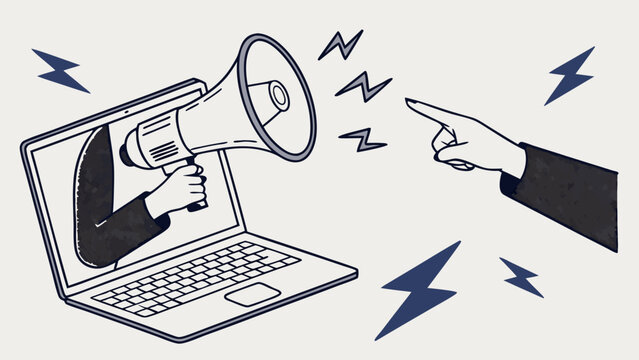 Online announcement digital marketing laptop screen megaphone pointing hand business communication advertisement social media internet marketing online promotion promotion marketing concept announcem.