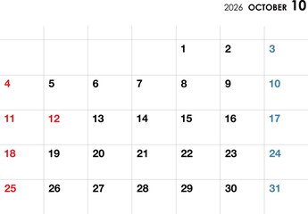 2026年10月カレンダー　横向き