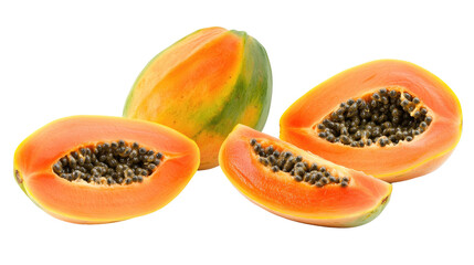 Papaya Fruit Many Angles and Views Side Top Front Sliced on Transparent Background