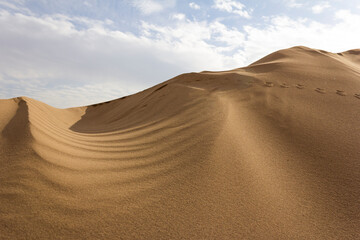 Golden sand dunes in Yazd desert under a cloudy sky, showcasing natural beauty, patterns, and tranquility of Iran’s desert landscape.