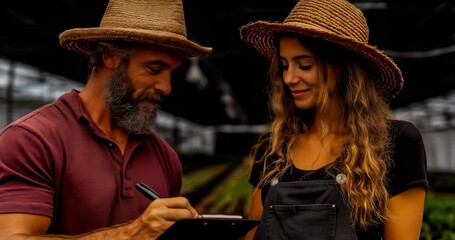 Farmers meeting with a consultant in a greenhouse