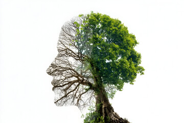 Fototapeta premium A creative double exposure image blending the silhouette of a human face with a lush green tree, symbolizing the deep connection between nature and humanity.