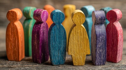 Colorful wooden figures represent diversity, inclusion in workplace setting. Conceptual image shows varied people standing together. Image illustrates diversity concept, tolerance. Potential