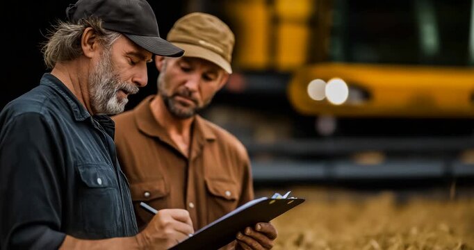 Senior farmer teaching a younger operator to use an electric harvester