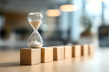 A clear hourglass sits atop wooden blocks in a modern office setting, symbolizing the passage of time and the importance of productivity.