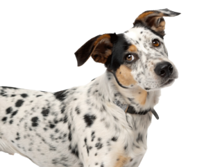 Adorable Australian Cattle Dog Puppy with Spotted Coat and Curious Expression Isolated on Black Background Posing for Portrait Photography in Studio Setting