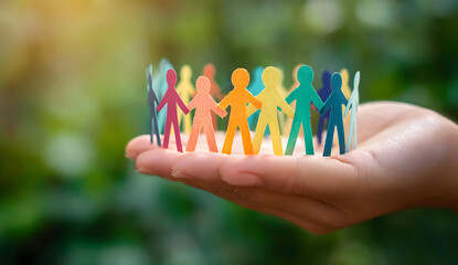 A hand holding colorful paper cutouts of people symbolizing unity, diversity, and community support. Represents togetherness and collaboration.