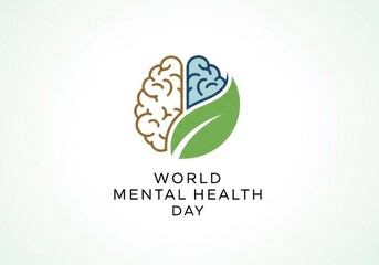 Obraz premium World Mental Health Day Logo with Brain and Leaf Symbol in Green and Blue Colors