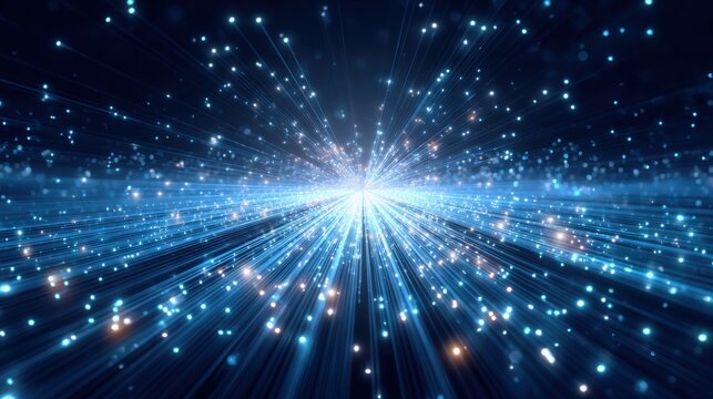 Quantum AI concept. A burst of blue light particles radiating outward, creating a dynamic and energetic visual effect.