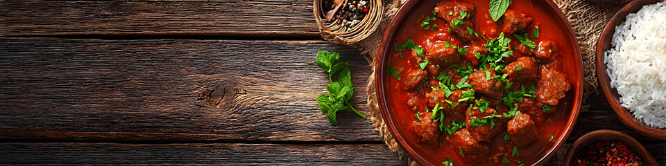 Fototapeta premium A delicious spread of rich and aromatic curry served in a rustic bowl, accompanied by fluffy white rice and garnished with fresh herbs.