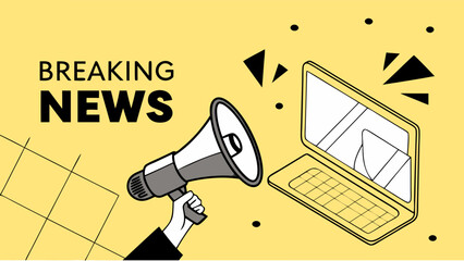 Breaking News Announcement Laptop and Megaphone Illustration.