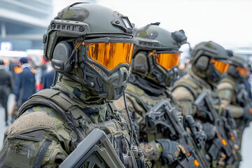 A close-up view of armed soldiers in tactical gear, showcasing their detailed equipment and uniforms. The soldiers stand alert, ready for action.