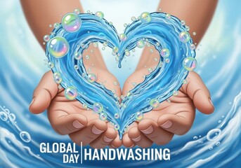 Hands Holding Heart-shaped Water Splash for Global Handwashing Day Campaign