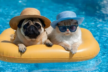 A playful pug and a stylish cat relax on a floating raft in a blue pool, wearing hats and sunglasses, showcasing a fun summer vibe.
