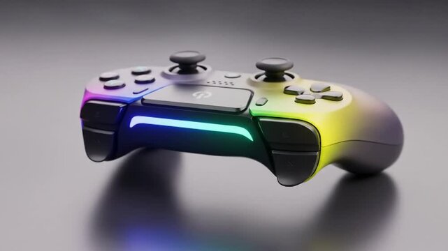 Game controller with rainbow hues and lit bar Controls and joysticks visible on dark surface