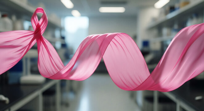 Pink ribbon floating in a bright laboratory setting for breast cancer awareness campaign support