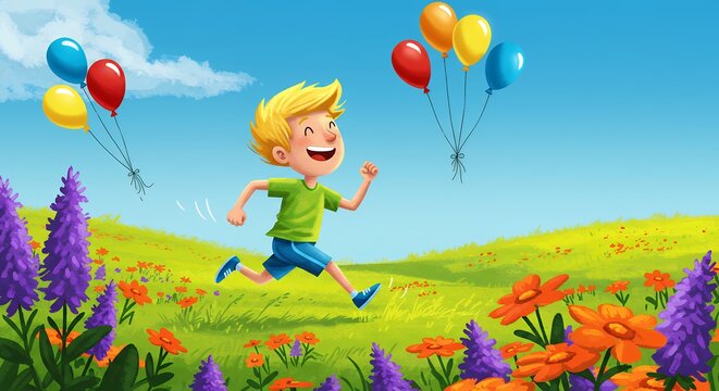 Happy boy running in colorful flower field with balloons - Powered by Adobe